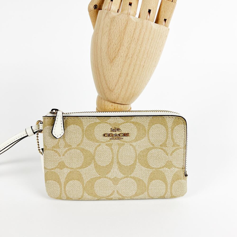 NWT Coach signature PVC double corner zip wristlet light khaki chalk white - Picture 4 of 7